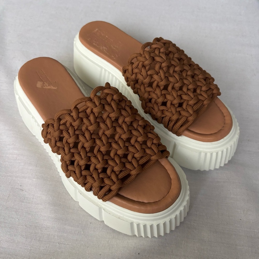 Anthropologie Tan Woven Platform Slide Sandals with White Soles